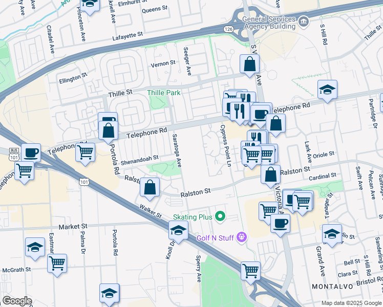 map of restaurants, bars, coffee shops, grocery stores, and more near 1300 Saratoga Avenue in Ventura