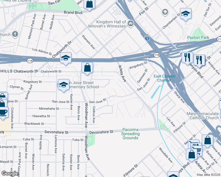 map of restaurants, bars, coffee shops, grocery stores, and more near 10571 Woodale Avenue in Los Angeles