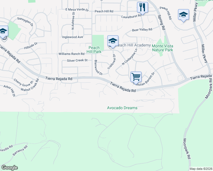 map of restaurants, bars, coffee shops, grocery stores, and more near Hidden Pine Court & Canyonwood Court in Moorpark