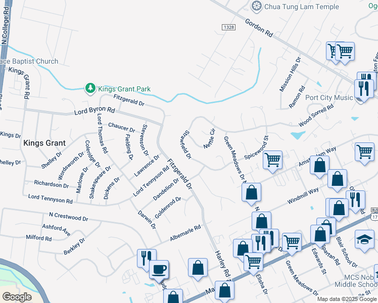 map of restaurants, bars, coffee shops, grocery stores, and more near 6312 Strawfield Drive in Wilmington