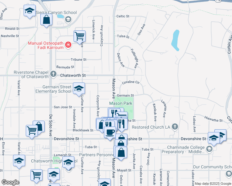 map of restaurants, bars, coffee shops, grocery stores, and more near 20441 Germain Street in Los Angeles