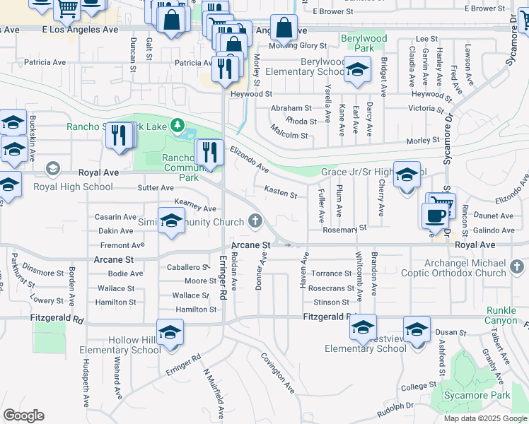 map of restaurants, bars, coffee shops, grocery stores, and more near 2025 Royal Avenue in Simi Valley