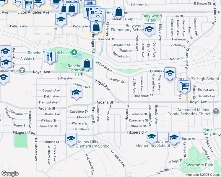 map of restaurants, bars, coffee shops, grocery stores, and more near 1975 Royal Avenue in Simi Valley