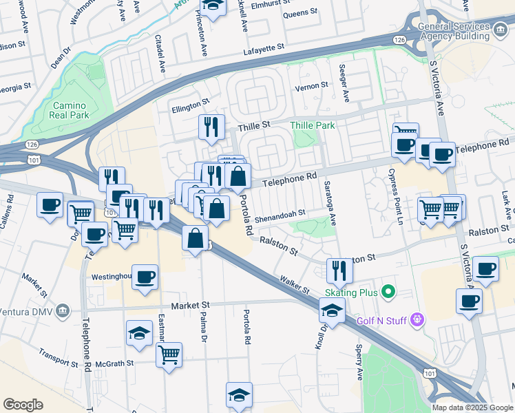 map of restaurants, bars, coffee shops, grocery stores, and more near 1203 Acadia Place in Ventura