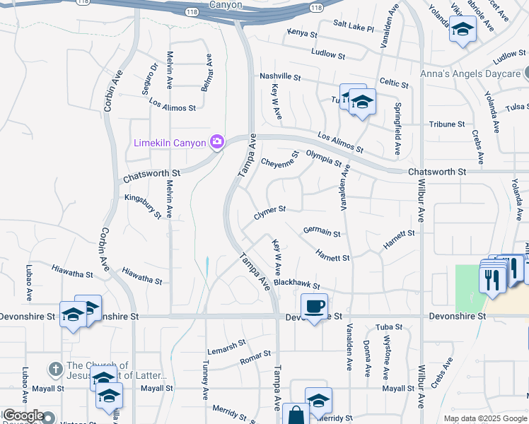 map of restaurants, bars, coffee shops, grocery stores, and more near 19251 Clymer Street in Los Angeles
