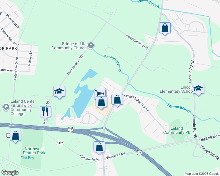 map of restaurants, bars, coffee shops, grocery stores, and more near 1789 Mount Misery Road Northeast in Leland