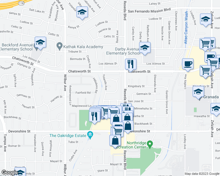 map of restaurants, bars, coffee shops, grocery stores, and more near 18542 Clymer Street in Los Angeles