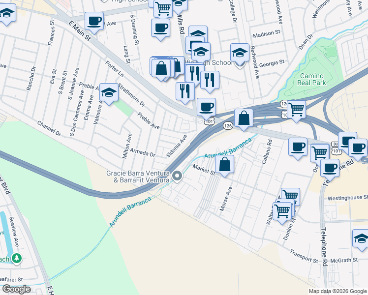 map of restaurants, bars, coffee shops, grocery stores, and more near in Ventura