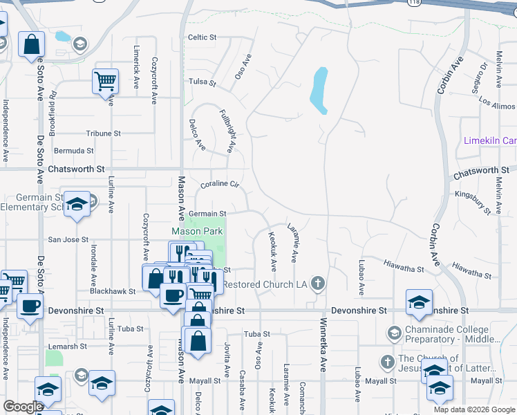 map of restaurants, bars, coffee shops, grocery stores, and more near 20231 Germain Street in Los Angeles