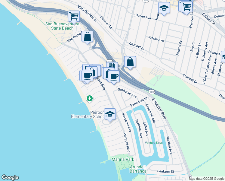 map of restaurants, bars, coffee shops, grocery stores, and more near 2409 Bayshore Avenue in Ventura