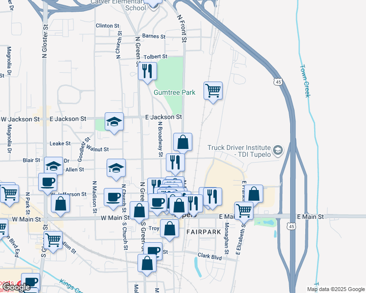 map of restaurants, bars, coffee shops, grocery stores, and more near 429 North Front Street in Tupelo