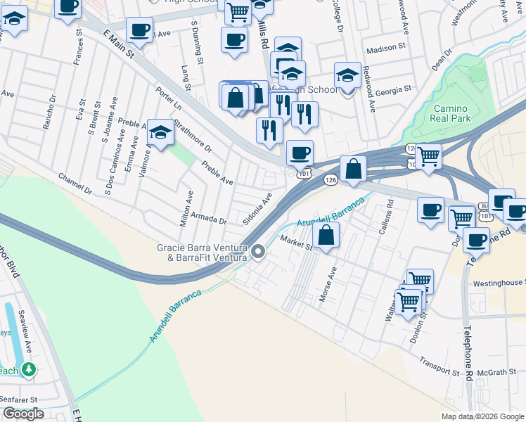 map of restaurants, bars, coffee shops, grocery stores, and more near in Ventura