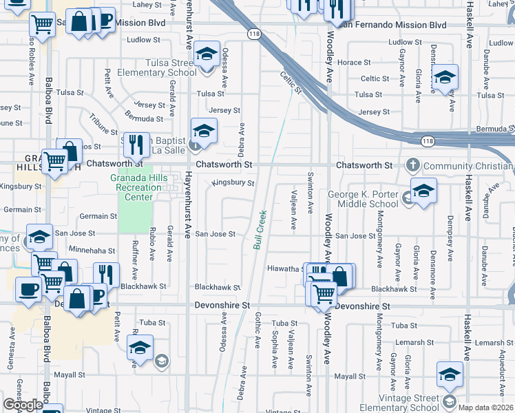 map of restaurants, bars, coffee shops, grocery stores, and more near 10603 Debra Avenue in Los Angeles