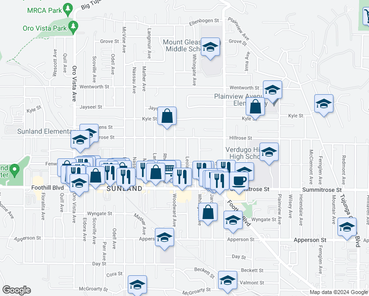 map of restaurants, bars, coffee shops, grocery stores, and more near 10639 Leolang Avenue in Los Angeles