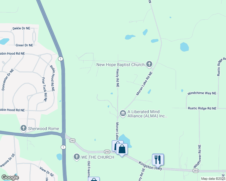 map of restaurants, bars, coffee shops, grocery stores, and more near 121 Hasty Road Northeast in Rome