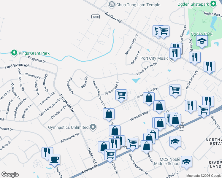 map of restaurants, bars, coffee shops, grocery stores, and more near 6400 Spicewood Street in Wilmington