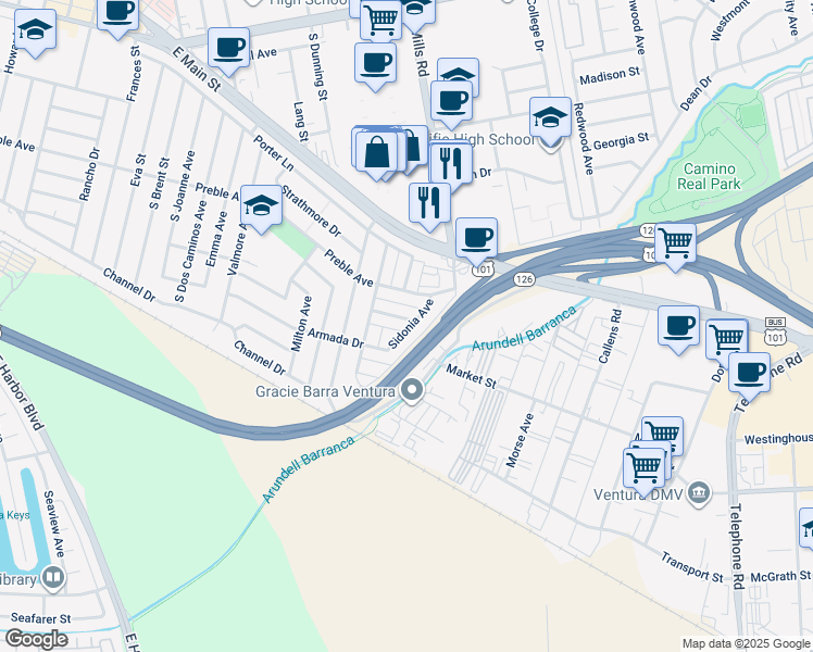 map of restaurants, bars, coffee shops, grocery stores, and more near 749 Sidonia Avenue in Ventura