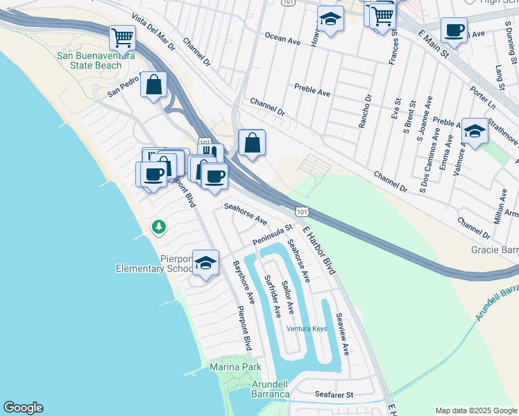 map of restaurants, bars, coffee shops, grocery stores, and more near 2531 East Harbor Boulevard in Ventura