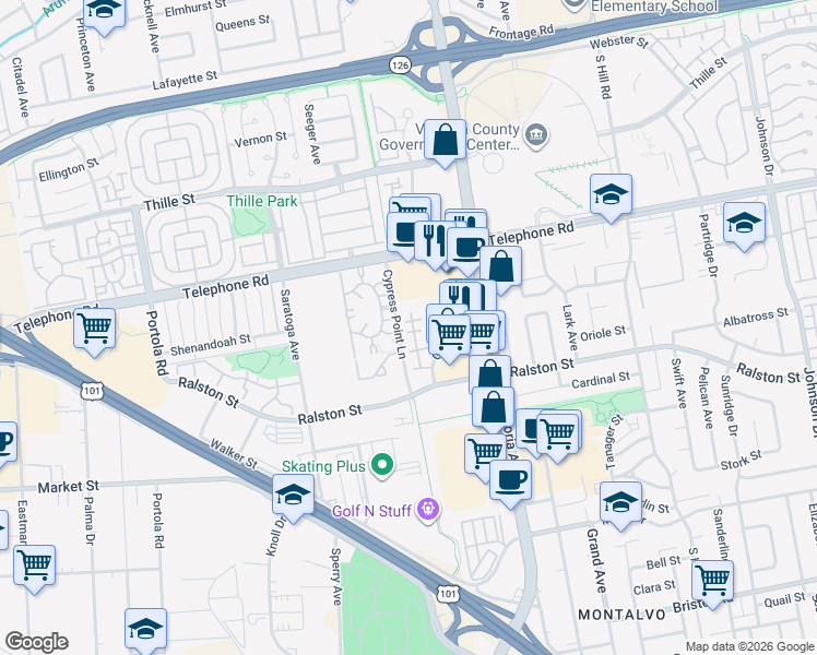 map of restaurants, bars, coffee shops, grocery stores, and more near 1273 San Simeon Court in Ventura