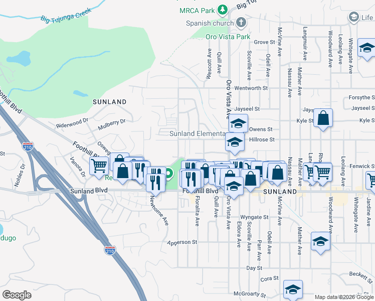 map of restaurants, bars, coffee shops, grocery stores, and more near 10654 Sherman Grove Avenue in Los Angeles