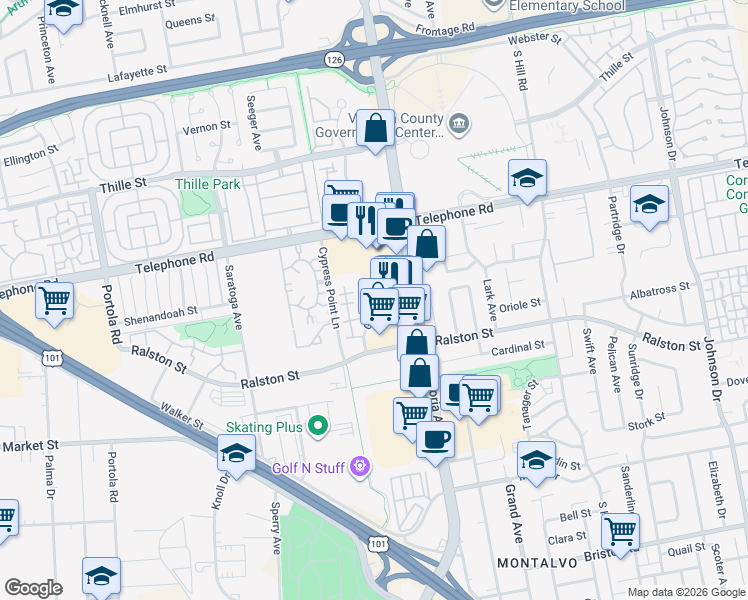map of restaurants, bars, coffee shops, grocery stores, and more near 1275 Seacliff Court in Ventura