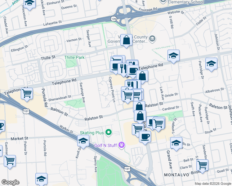 map of restaurants, bars, coffee shops, grocery stores, and more near 1273 San Simeon Court in Ventura