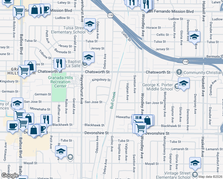map of restaurants, bars, coffee shops, grocery stores, and more near 10603 Debra Avenue in Los Angeles
