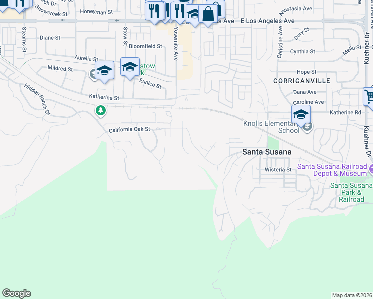 map of restaurants, bars, coffee shops, grocery stores, and more near 5859 Oak Knolls Road in Simi Valley