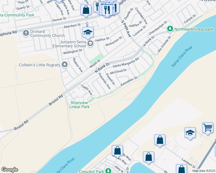 map of restaurants, bars, coffee shops, grocery stores, and more near 1841 Powell Drive in Ventura