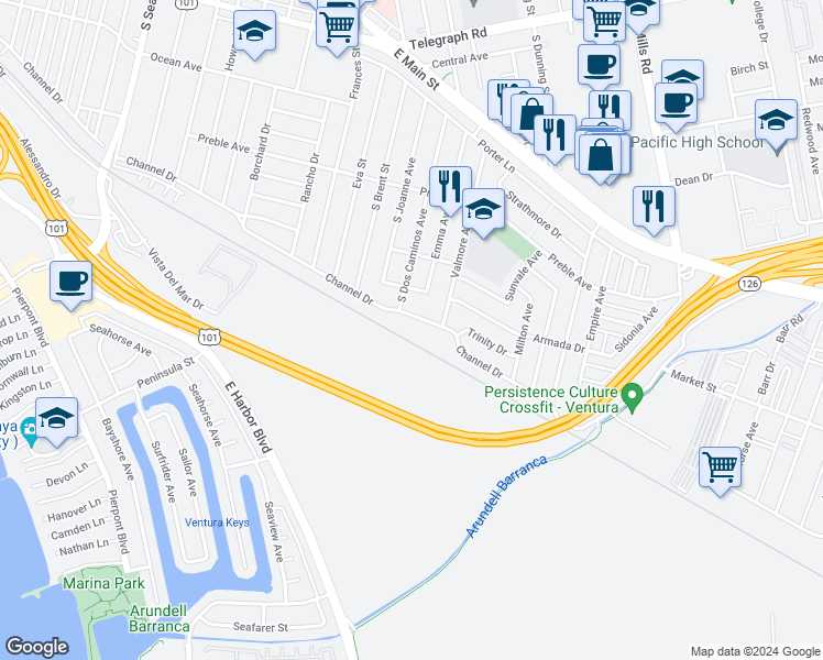 map of restaurants, bars, coffee shops, grocery stores, and more near 3079 Channel Drive in Ventura