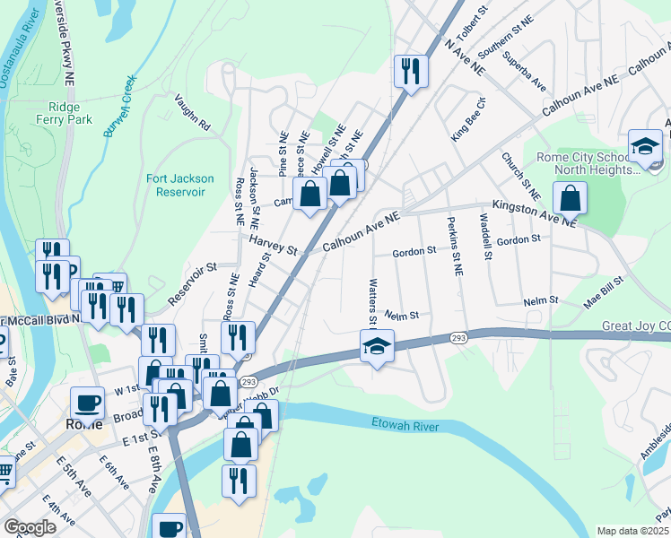 map of restaurants, bars, coffee shops, grocery stores, and more near 303 Grady Avenue Northeast in Rome