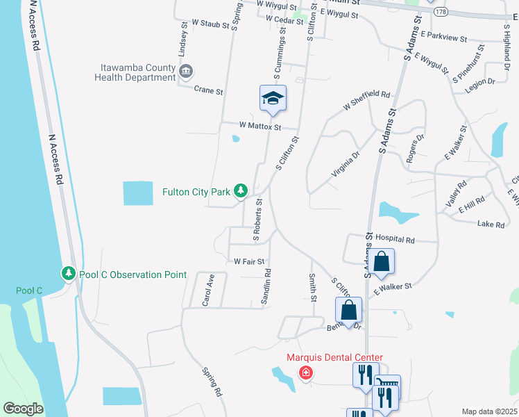map of restaurants, bars, coffee shops, grocery stores, and more near 201 West Stewart Street in Fulton