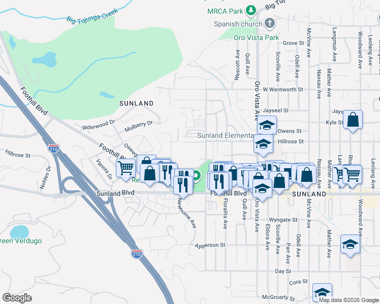 map of restaurants, bars, coffee shops, grocery stores, and more near 8640 Hillrose Street in Los Angeles
