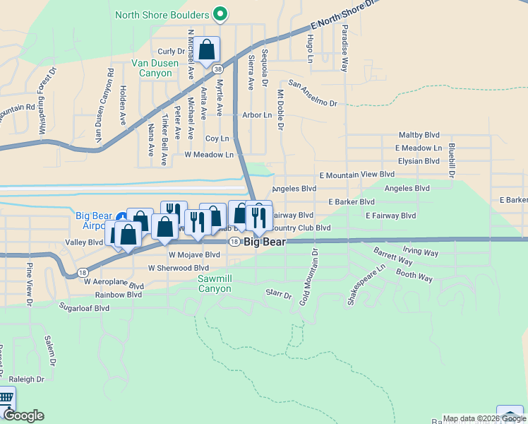 map of restaurants, bars, coffee shops, grocery stores, and more near 109 East Fairway Boulevard in Big Bear