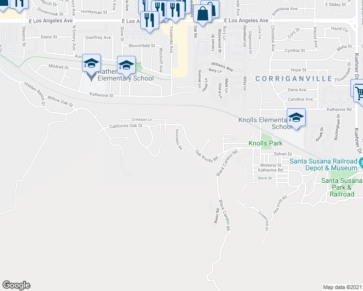 map of restaurants, bars, coffee shops, grocery stores, and more near 5859 Oak Knolls Road in Simi Valley