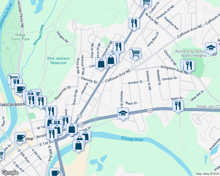 map of restaurants, bars, coffee shops, grocery stores, and more near 303 Grady Avenue Northeast in Rome