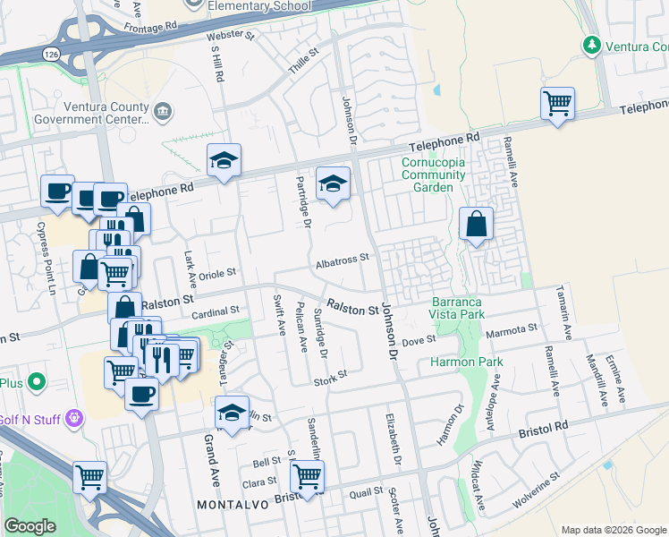 map of restaurants, bars, coffee shops, grocery stores, and more near 6572 Albatross Street in Ventura
