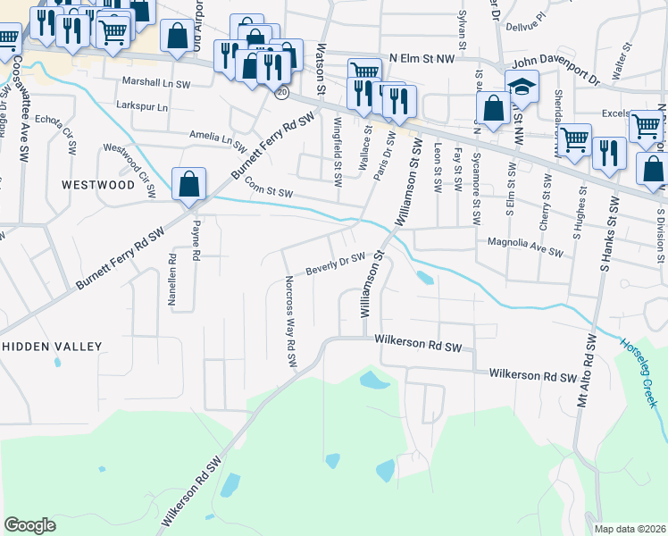 map of restaurants, bars, coffee shops, grocery stores, and more near 15 Beverly Drive Southwest in Rome