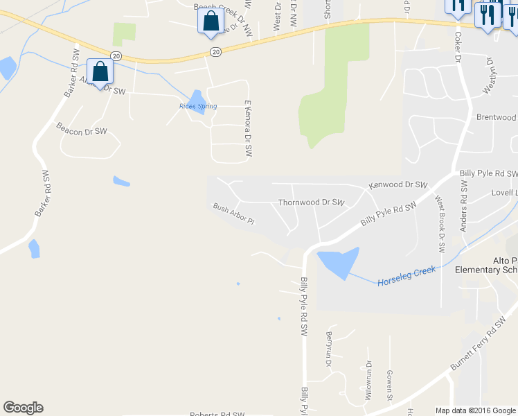 map of restaurants, bars, coffee shops, grocery stores, and more near 109 Thornwood Drive Southwest in Rome