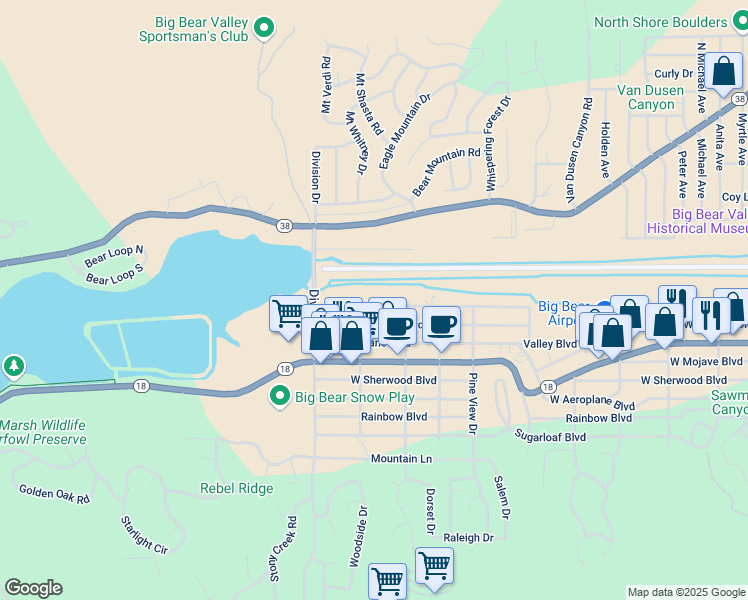 map of restaurants, bars, coffee shops, grocery stores, and more near 1031 West Fairway Boulevard in Big Bear