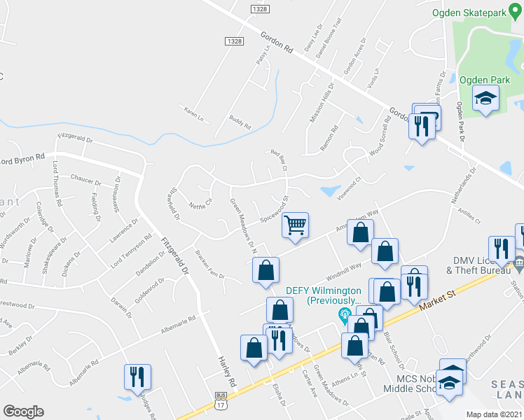 map of restaurants, bars, coffee shops, grocery stores, and more near 6609 Golden Astor Court in Wilmington