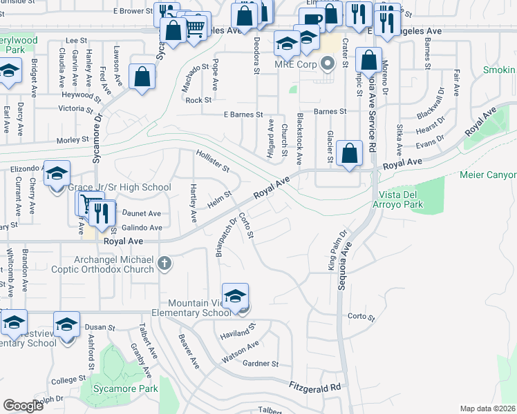 map of restaurants, bars, coffee shops, grocery stores, and more near 2954 Encina Lane in Simi Valley