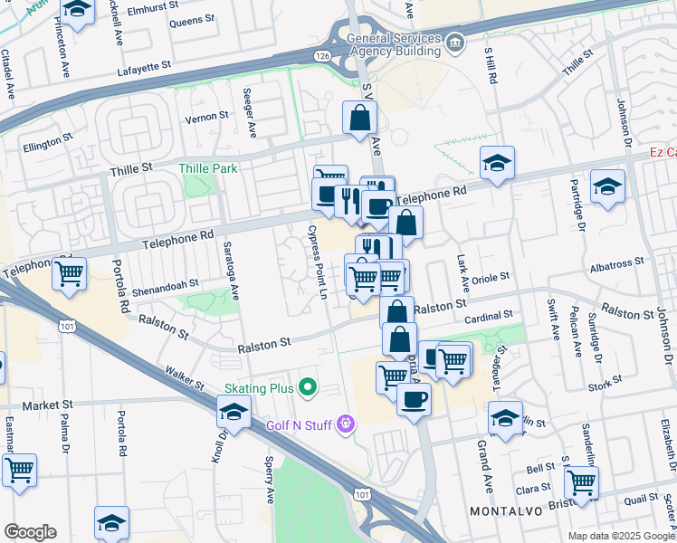 map of restaurants, bars, coffee shops, grocery stores, and more near 1274 San Simeon Court in Ventura