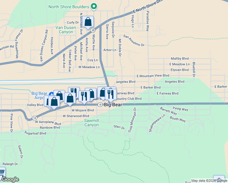 map of restaurants, bars, coffee shops, grocery stores, and more near 109 East Fairway Boulevard in Big Bear