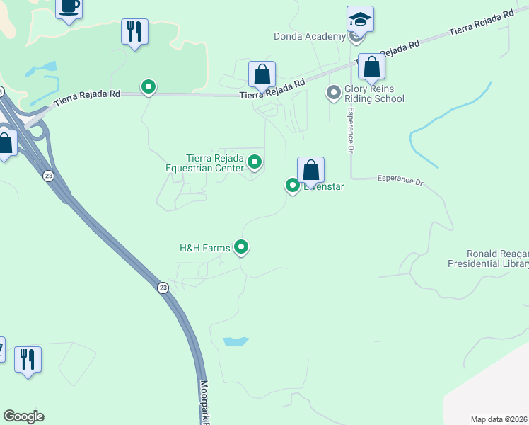 map of restaurants, bars, coffee shops, grocery stores, and more near 15535 LaPeyre Road in Moorpark