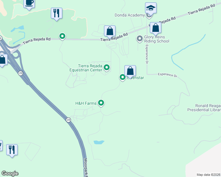 map of restaurants, bars, coffee shops, grocery stores, and more near 15535 LaPeyre Road in Moorpark