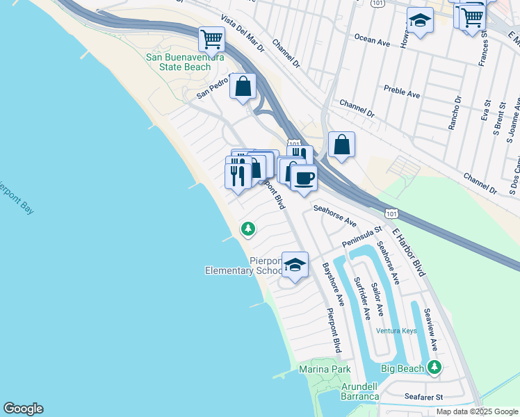 map of restaurants, bars, coffee shops, grocery stores, and more near 1120 Pittsfield Lane in Ventura