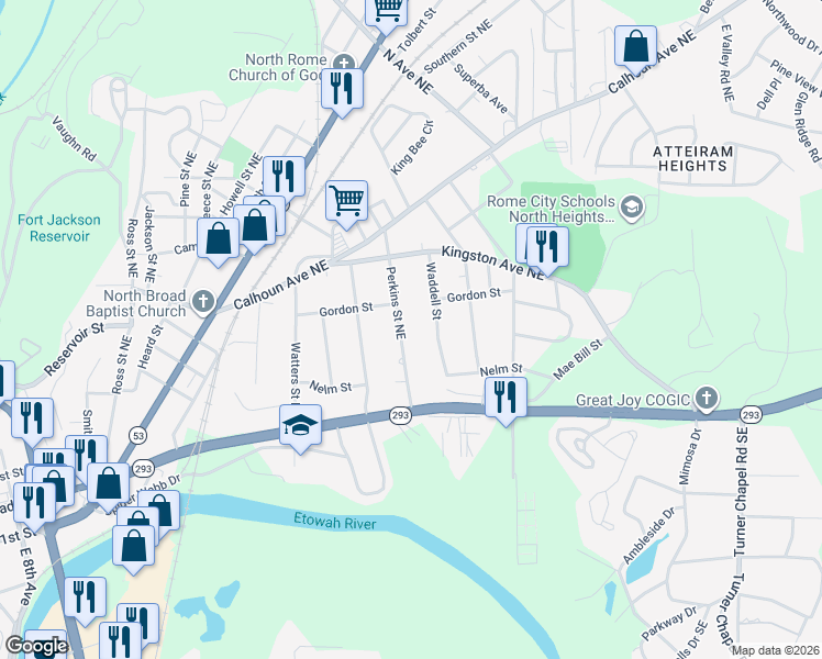 map of restaurants, bars, coffee shops, grocery stores, and more near 126 Perkins Street Northeast in Rome