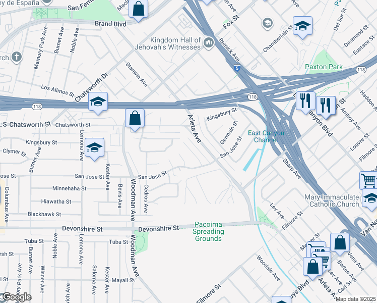 map of restaurants, bars, coffee shops, grocery stores, and more near 10623 Stanwin Avenue in Los Angeles