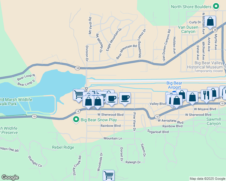 map of restaurants, bars, coffee shops, grocery stores, and more near 1001 West Fairway Boulevard in Big Bear